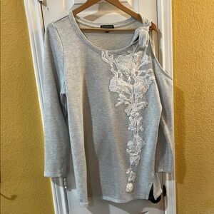 Lane Bryant Gray Sweater Lace XL Women’s Sweatshirt Cold Shoulder Asymmetrical